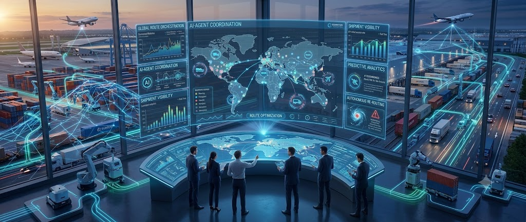 AI-agent logistics orchestration command center with shipment visibility and predictive analytics