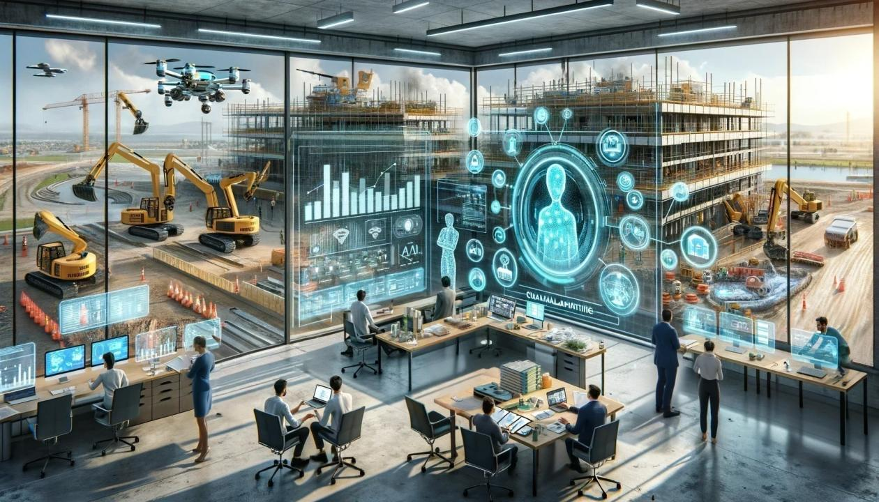 OrchestrAI central command center coordinating construction site logistics and AI-driven execution