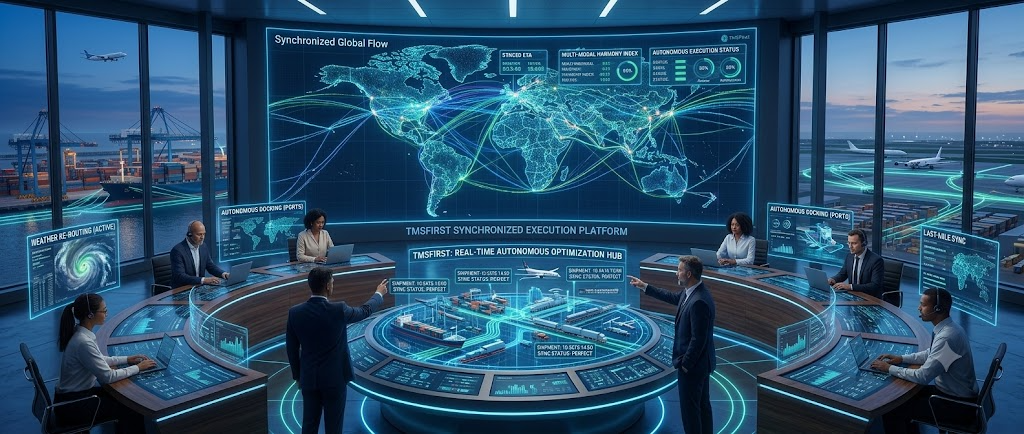 Synchronized global execution platform coordinating logistics, ports, air cargo, and autonomous routing