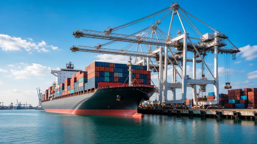Ocean freight container vessel at a port terminal